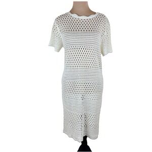 Womens Crochet Knit Dress Cover Up White Size M Short Sleeve Beach Boho Festival